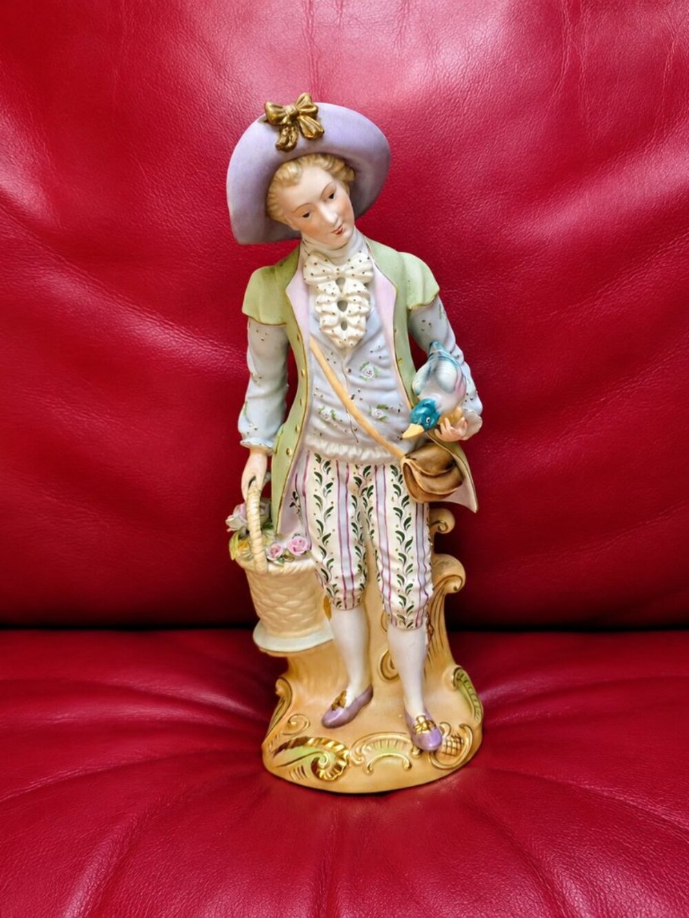 Large Porcelain Gentleman Figurine with Bird & Flower Basket – Approx. 40 cm